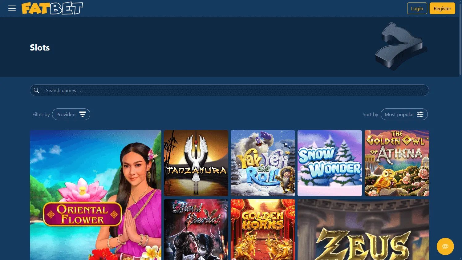 Fatbet Casino desktop games area with slots, live games and table game categories