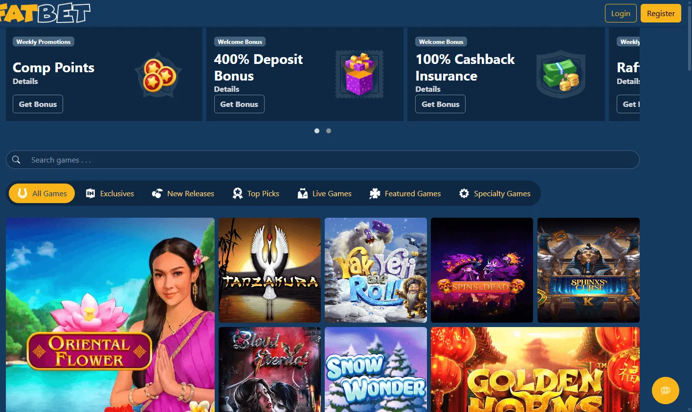 Fatbet Casino desktop home screen with casino access and account features